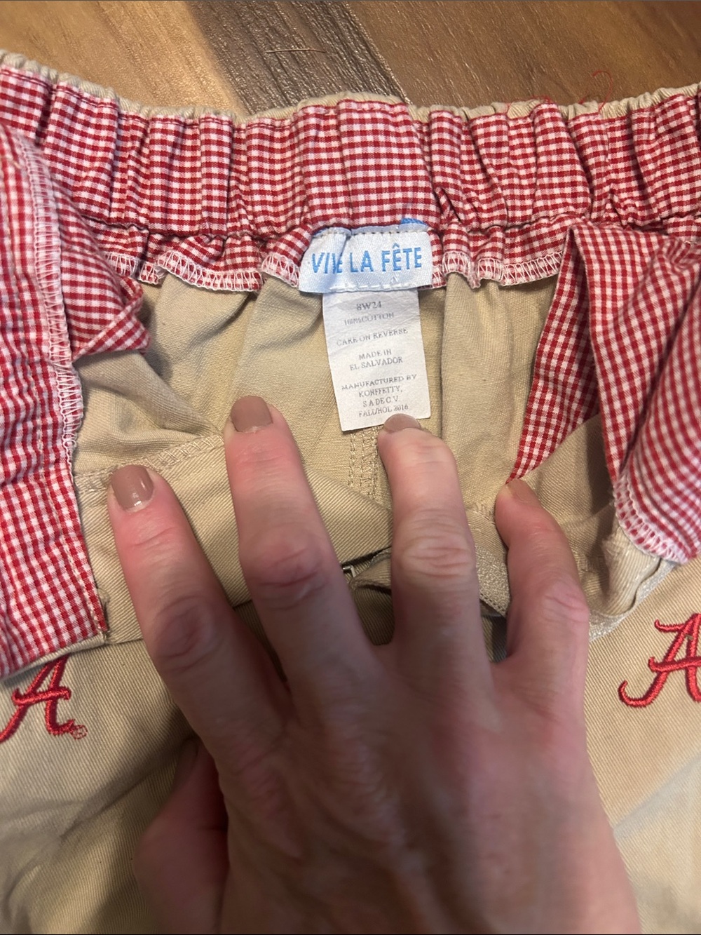 Vive La Fête Kids Khaki Shorts with Red Gingham Trim Alabama “A”